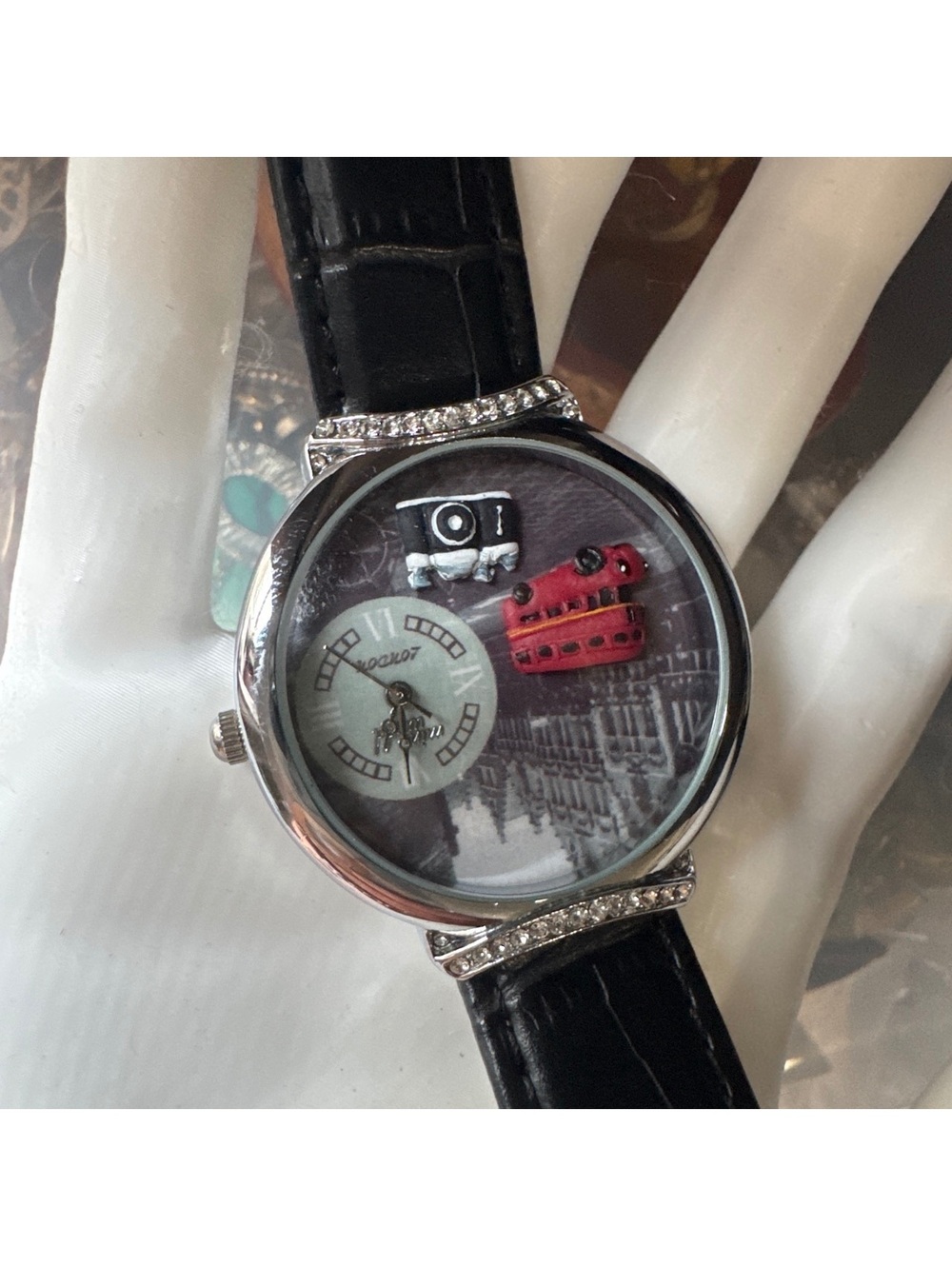 Mini World London Watch Red Double Decker Bus Camera 3D Dial Rhinestone Quartz
